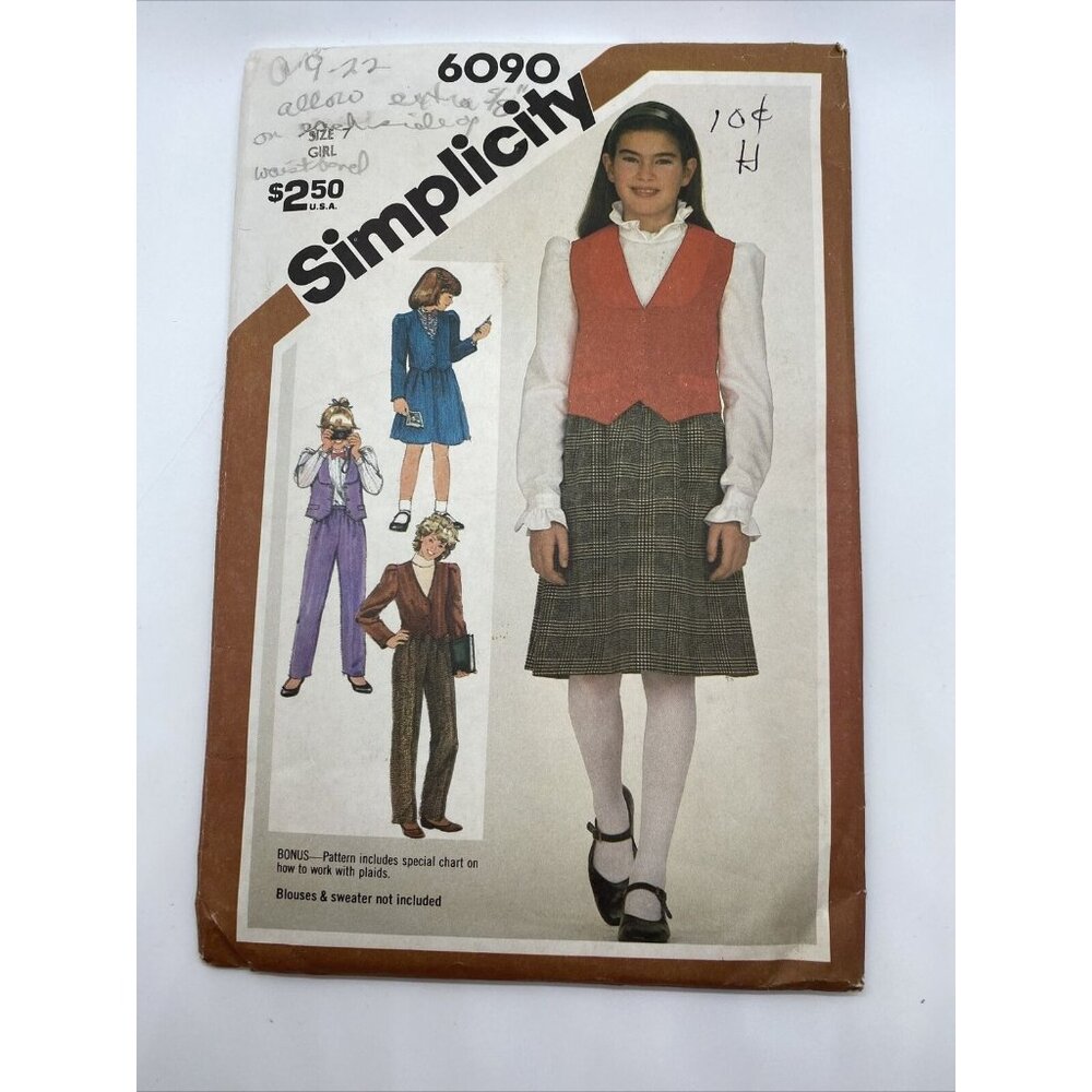 Simplicity Sewing Pattern #6090 Girls Pants Skirt Vest Size 7 Cut Vtg 1983
